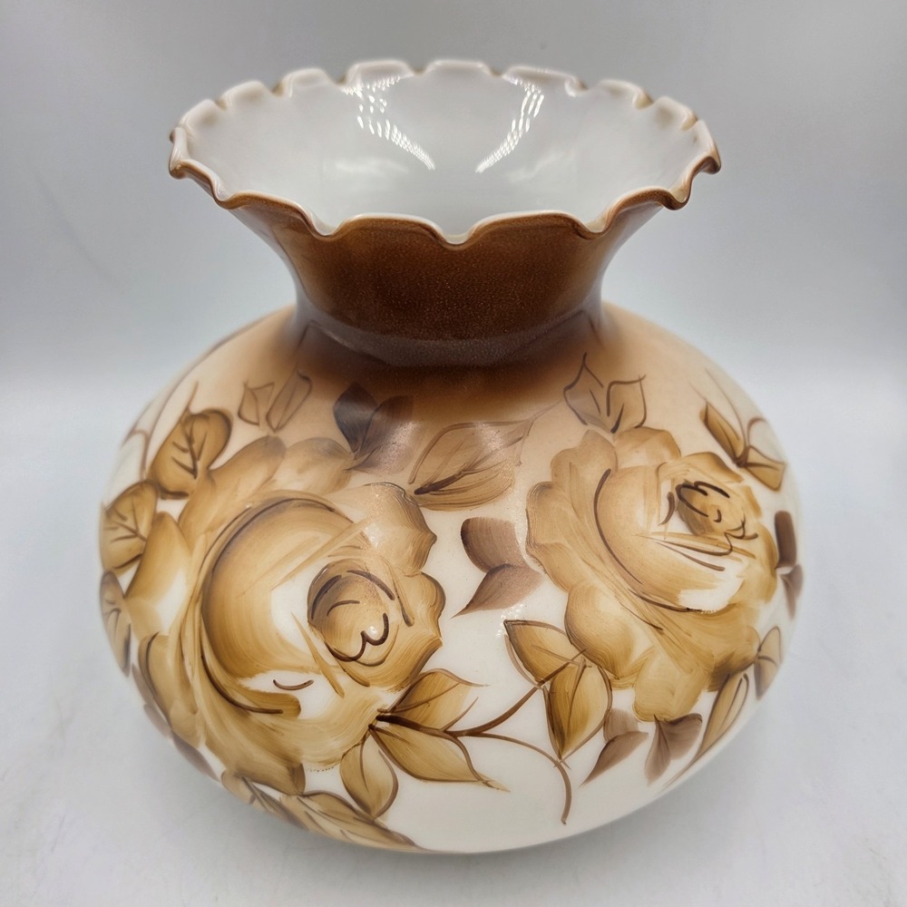 VTG GWTW Milk Glass Lamp Shade Globe Ruffled Hand Painted Brown Rose Floral